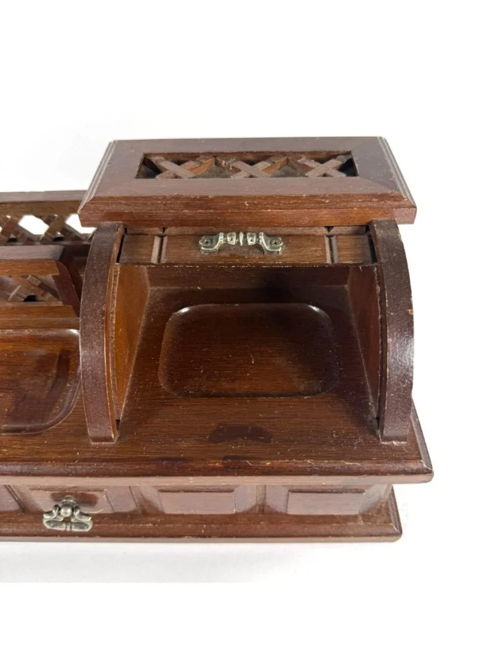 Vintage Men's Dresser Top Wooden Valet Jewelry Box Roll-Top Change Tray